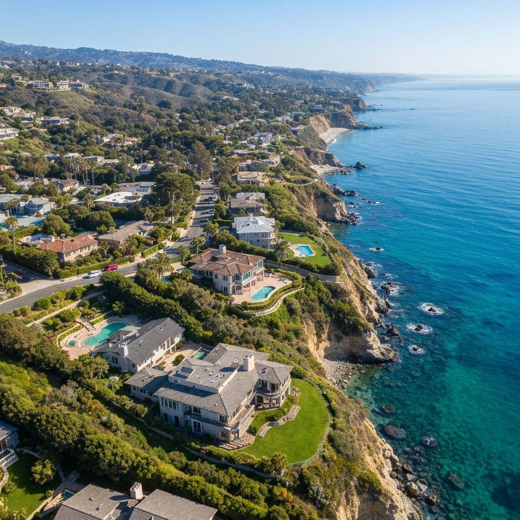 Aerial view of Malibu coastal homes