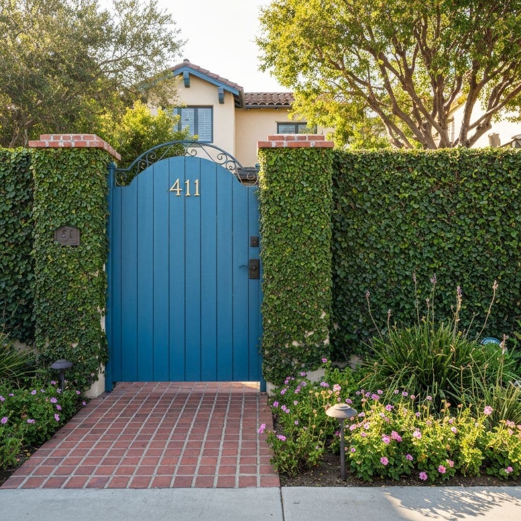 Luxury home entrance with blue gate